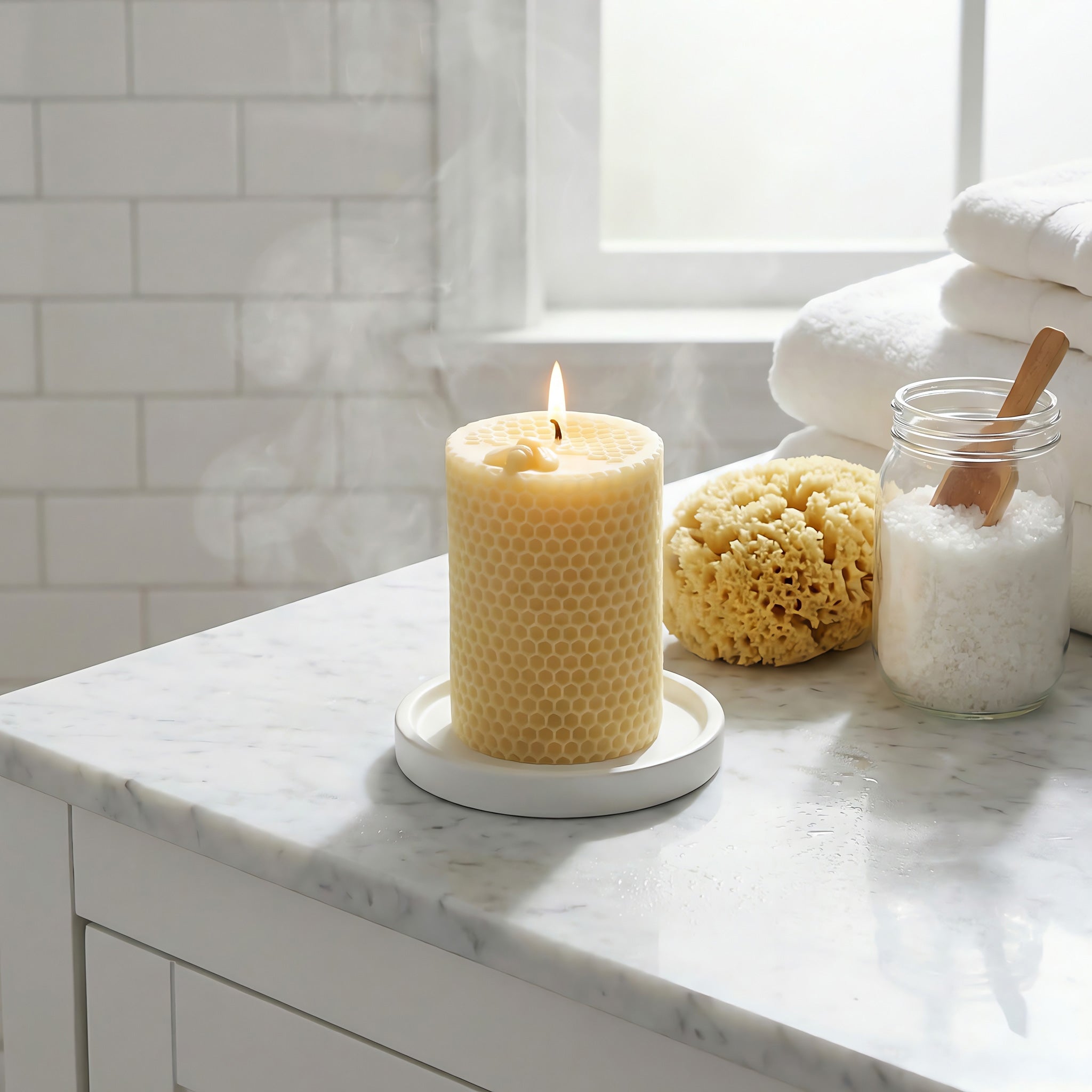★キャンドル　Beeswax RoundCandle ★ Honeycomb Cylinder | Sculptural Beeswax Candle | 100% Pure & Non